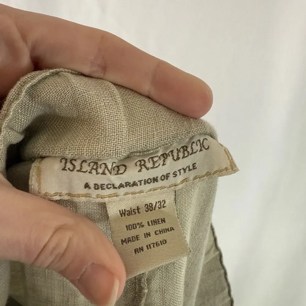 Island Republic 100% Linen Pants Men's 38x32 Beige Drawstring Flat Front